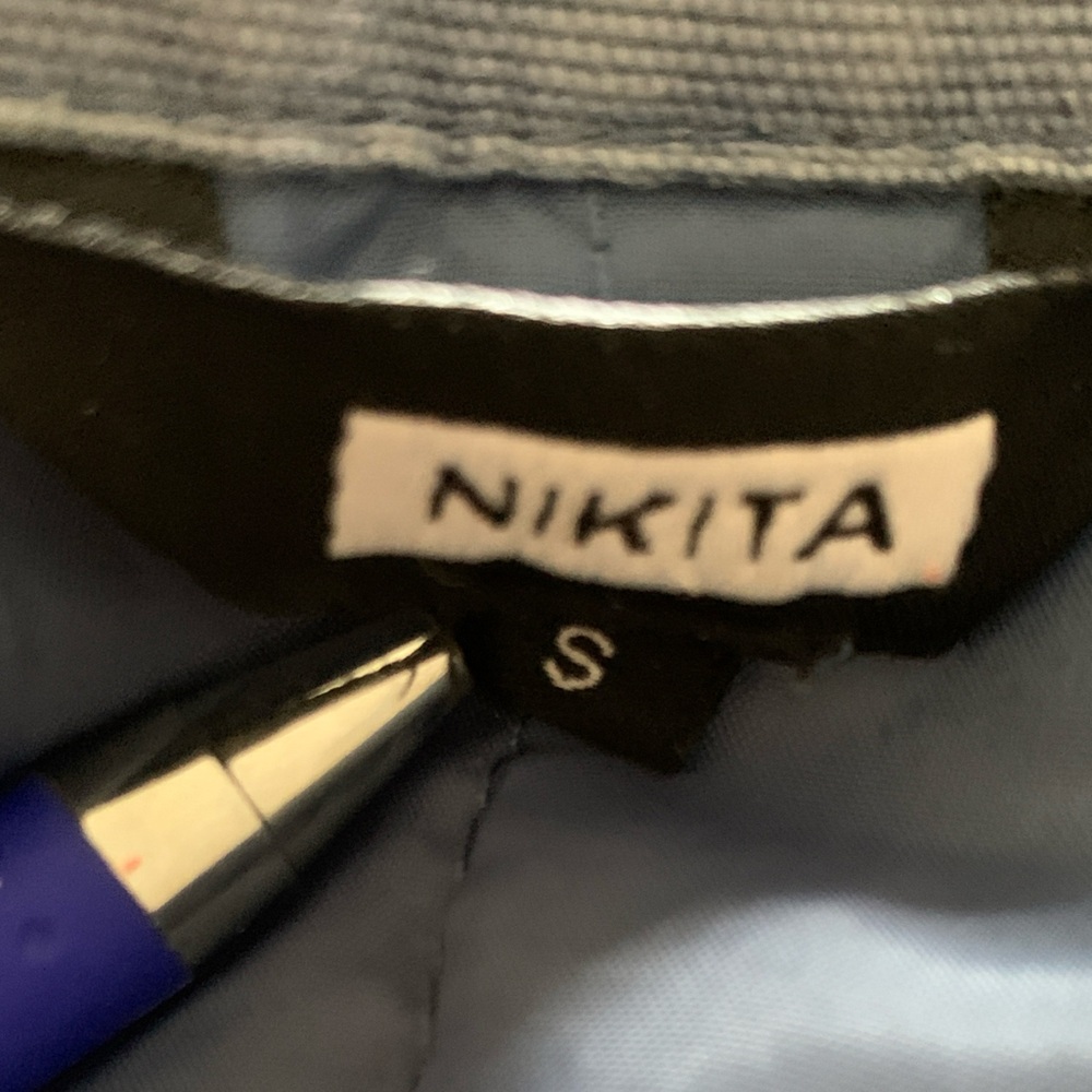 Denim Blue Size Small Lined Nikita Jacket Funnel Collar frayed hem Velour Piping - Picture 13 of 14